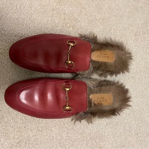 Gucci red fur Princetown mules